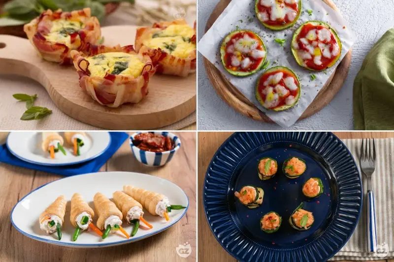 Mini quiche con pancetta, pizzette di zucchine, rotolini salati e involtini di zucchine con salmone: un tripudio di antipasti estivi perfetti per ogni occasione.
