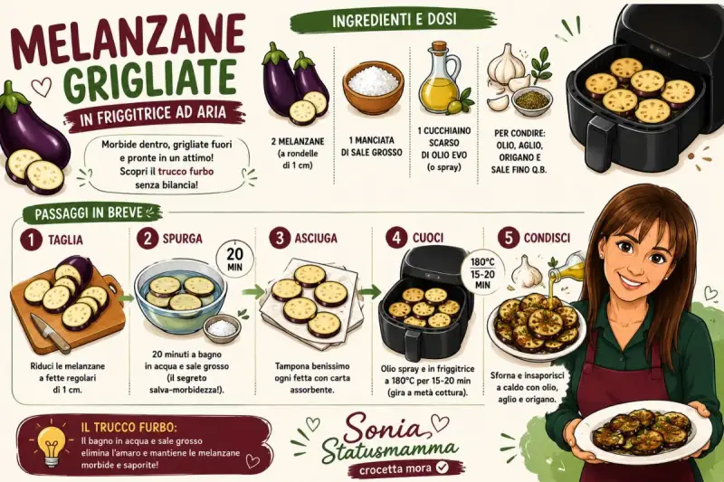 Melanzane grigliate perfette in friggitrice ad aria: morbide e saporite grazie al trucco del bagno in acqua e sale.